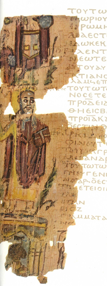 Bishop Theophilus standing atop bust of Serapis (Serapeum?), from a fifth-century Alexandrian world chronicle | Source: Bauer/Strzygowski, Eine Alexandrinische Weltchronik (Vienna, 1905), fig. VI verso.