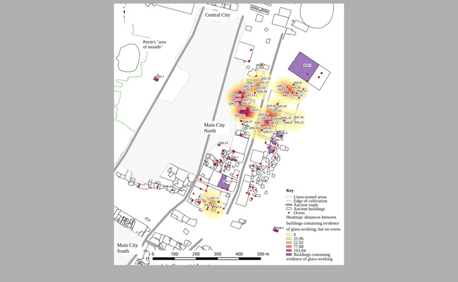 Map of the Main City North at Amarna showing the distribution of ovens, and a heat map based on the distances between houses yielding evidence of glass-working to the nearest oven. This map demonstrates that the occupants of the smaller houses in the northern suburb had to travel in order to process raw glass into finished objects | ©Anna Hodgkinson