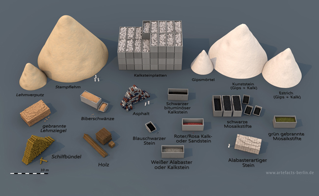 The construction materials from the stone-cone building (without surrounding wall) in Uruk (above left) and from the central hall section of residential building H in Habuba Kabira (below right) | Source: © artefacts-berlin.de | Material: Deutsches Archäologisches Institut