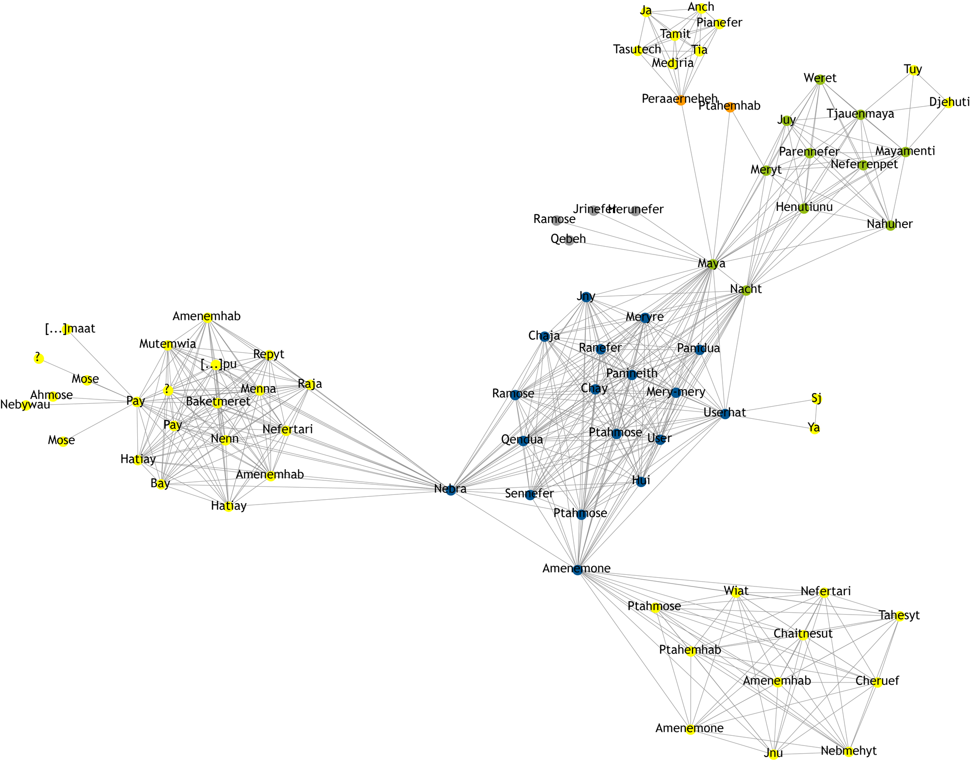 Pilot case network of king's treasurer Maya. Network graph created by Gephi.