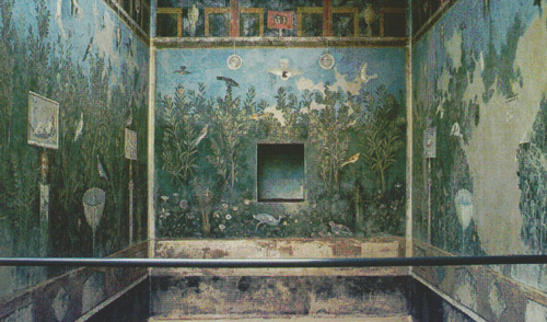 Casa del Bracciale d’Oro, Pompeji VI 17,42, Gartentriclinium (b), garden illustration with Dionysian motives | Source: B. Andreae, Am Birnbaum. Gärten und Parks im antiken Rom, in den Vesuvstädten und in Ostia (1996), Taf. 19,3.