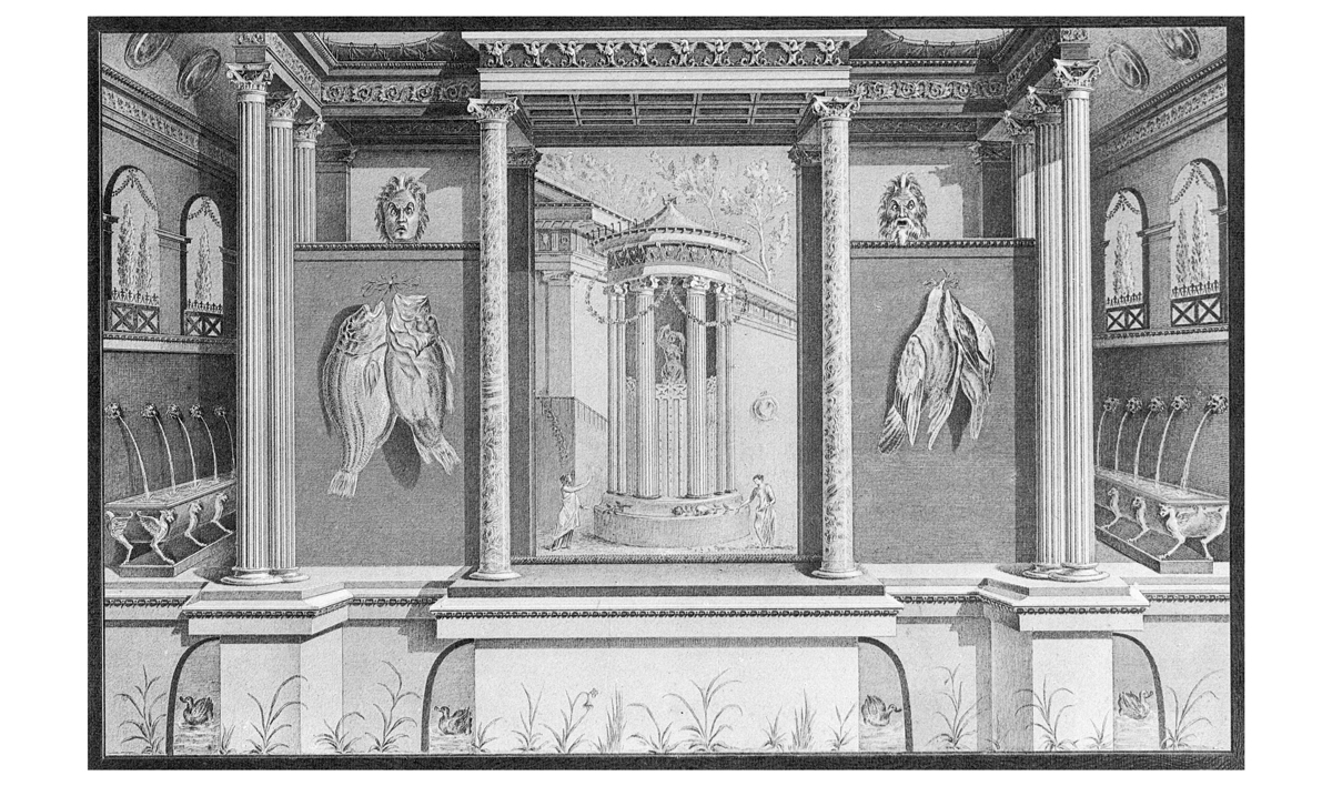 Wall system in the second style from house VI, 17, 41 in Pompeji (c. 40 BCE) after the reconstruction by A. Sikkard. Reproduction after A. Mau. Geschichte der decorativen Wandmalerei in Pompeji. Berlin: Reimer, 1882, plate 7b.