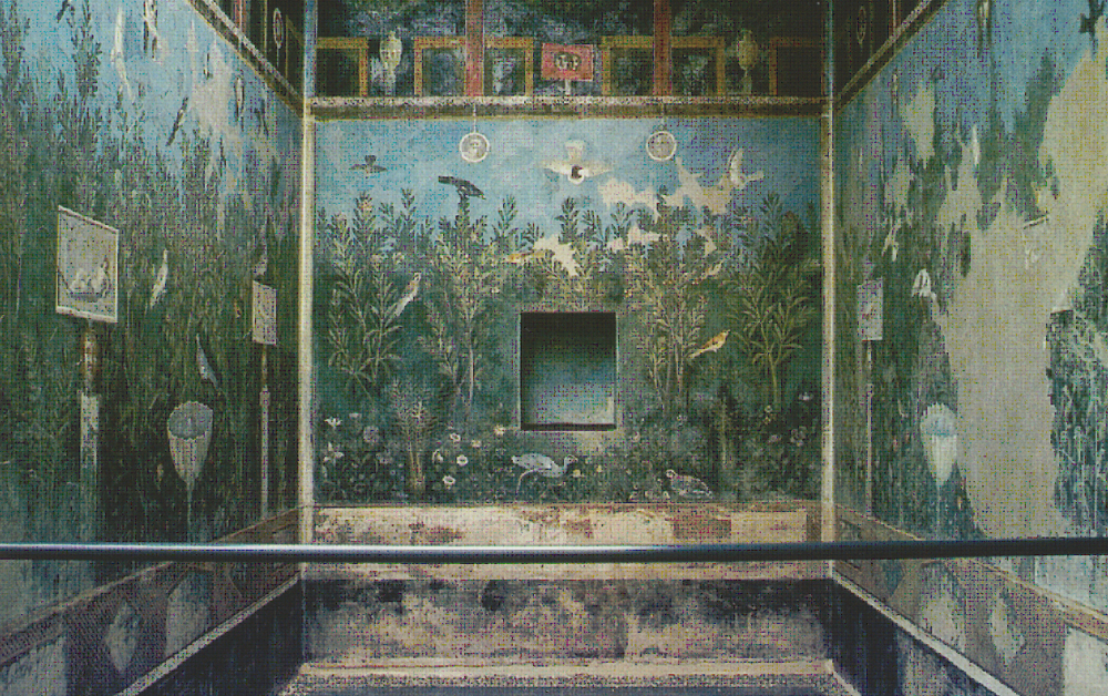 Casa del Bracciale d'Oro, Pompeji VI 17,42, Gartentriclinium (b), Gartendarstellung mit dionysischen Motiven | Quelle: B. Andreae, Am Birnbaum. Gärten und Parks im antiken Rom, in den Vesuvstädten und in Ostia (1996), Taf. 19,3.