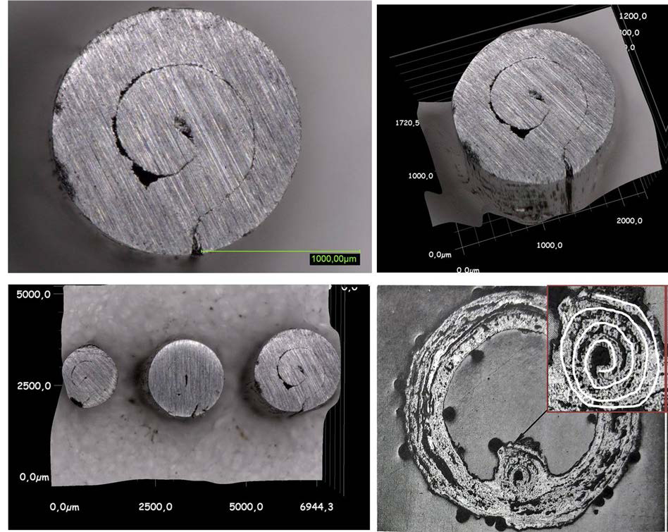 Figure 2: Microsections of a mail ring from the burial at Zemplín | Source: bottom right from: M. Longauerová – S. Longauer, Structural Analysis of a Scabbard and a Ring Mail from Zemplín, Slovenská Archeológia 38, 1990, 351 Fig. 3, 2. Top and bottom left: Microsections of wires drawn according to the roll-drawing method in the LVR-LandesMuseum Bonn | Photo: Frank Willer